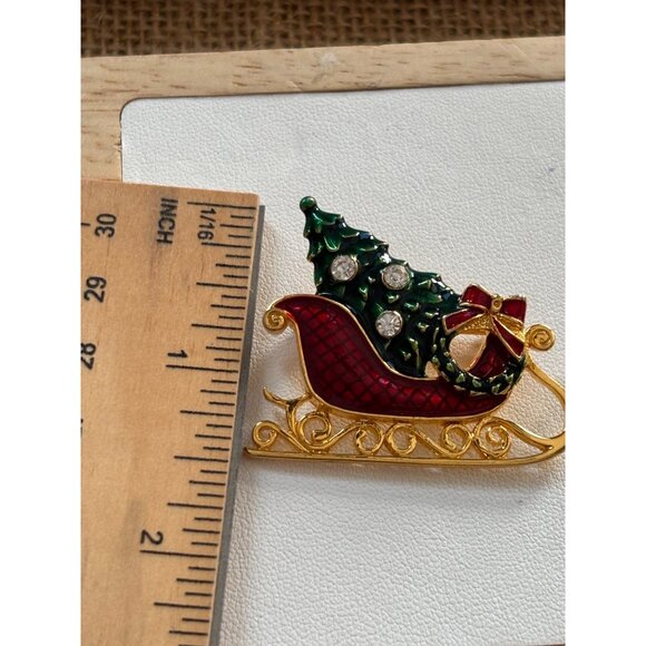 Vintage Eisenberg Ice Christmas Sleigh Brooch Red Green Enamel Rhinestones Gold- - Picture 3 of 7